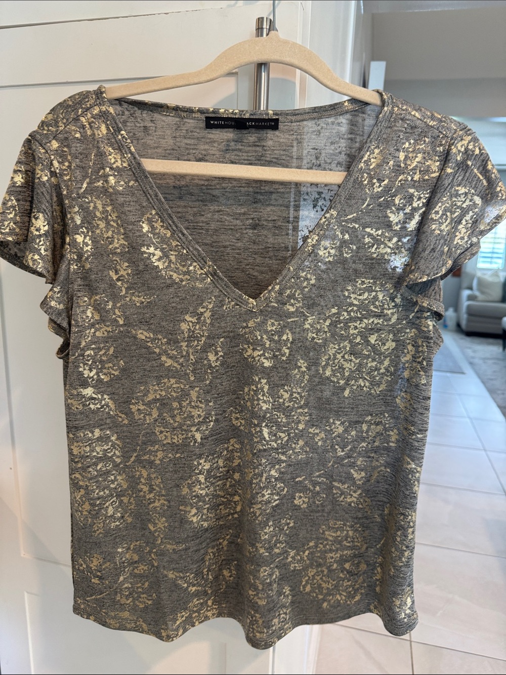 White House Black Market Gray V-Neck Flutter Sleeve Top with Gold Foil Floral